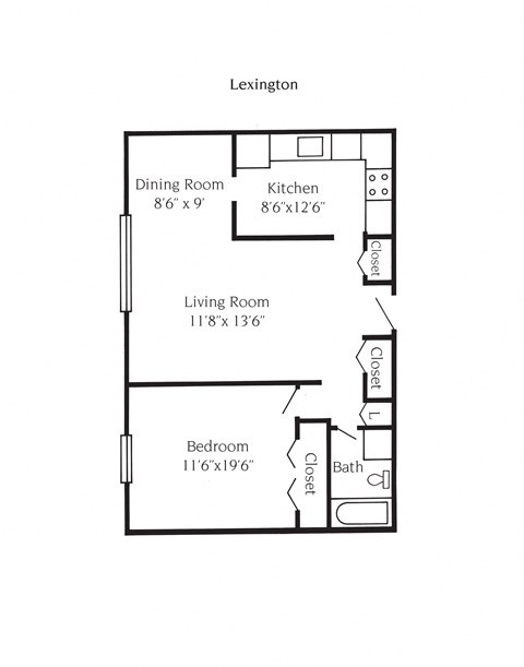 Floor plan for 1 bed, 1 bath, 822 sqft
