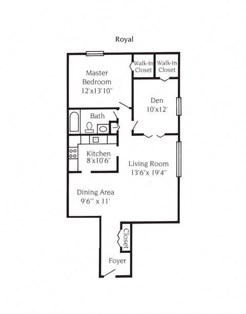 Floor plan for 2 beds, 1 bath, 976 sqft