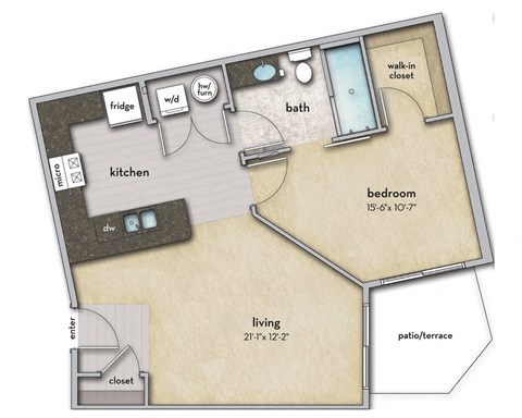 Floor plan for 1 bed, 1 bath, 720 sqft