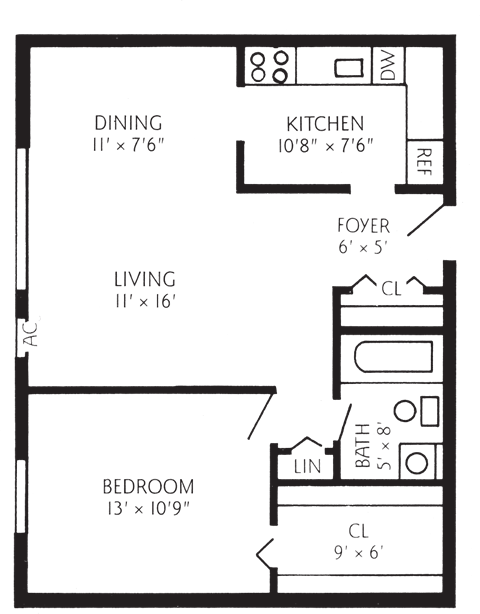 Floor plan for 1 bed, 1 bath, 644 sqft