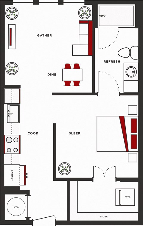 Floor plan for 1 bed, 1 bath, 570 sqft