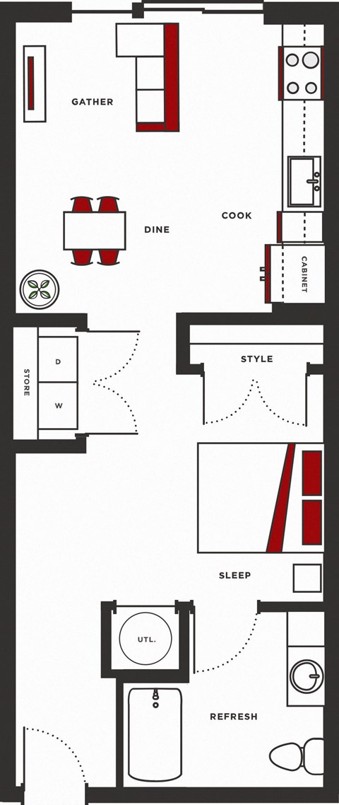 Floor plan for studio, 1 bath, 608 sqft