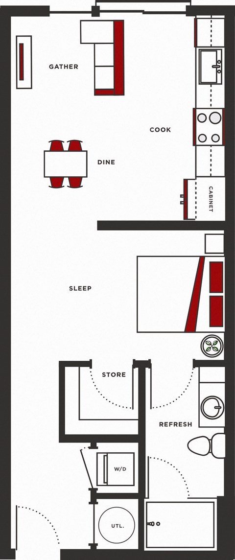 Floor plan for studio, 1 bath, 608 sqft
