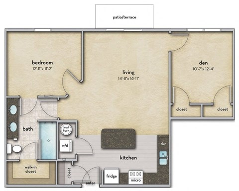 Floor plan for 1 bed, 1 bath, 894 sqft