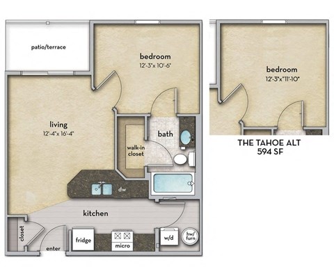 Floor plan for 1 bed, 1 bath, 570 sqft