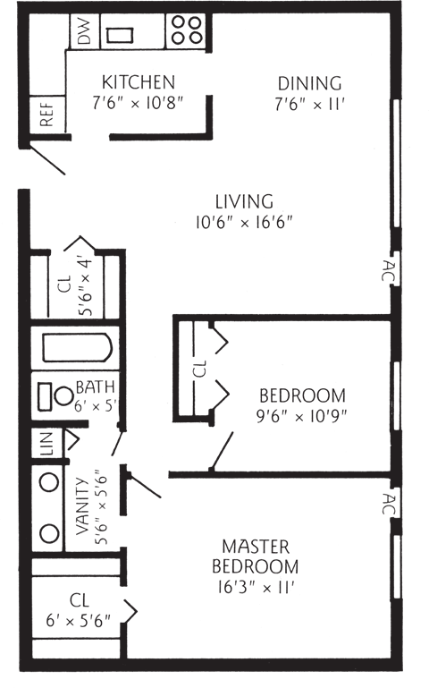 Floor plan for 2 beds, 1 bath, 858 sqft