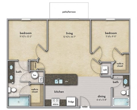 Floor plan for 2 beds, 2 baths, 1039 sqft