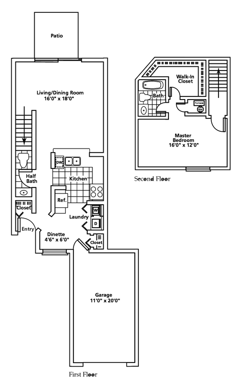 Floor plan for 1 bed, 1.5 baths, 980 sqft