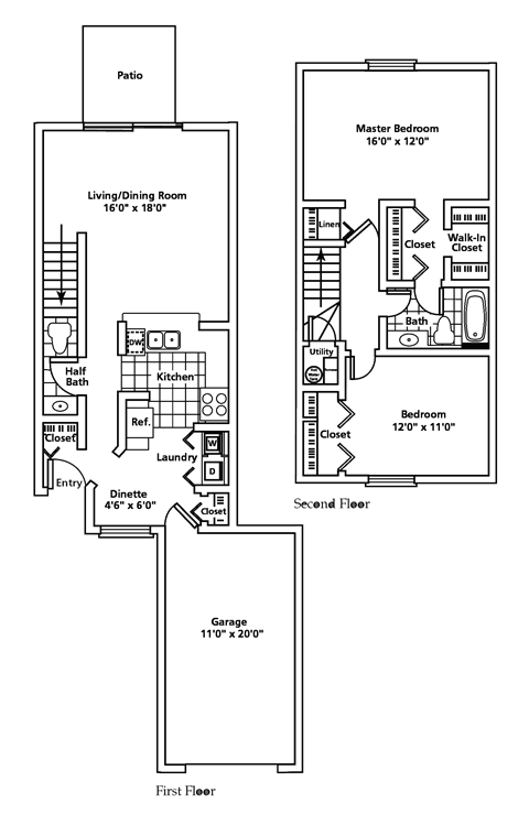 Floor plan for 2 beds, 1.5 baths, 1150 sqft