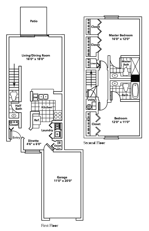Floor plan for 2 beds, 2.5 baths, 1150 sqft