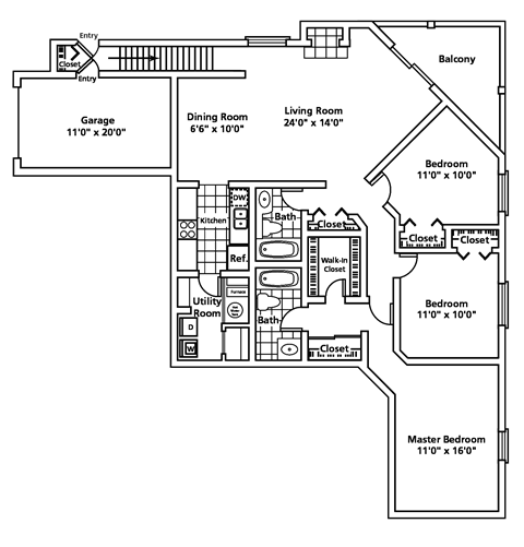 Floor plan for 3 beds, 2 baths, 1350 sqft
