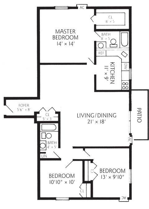 Floor plan for 3 beds, 2 baths, 1101 sqft