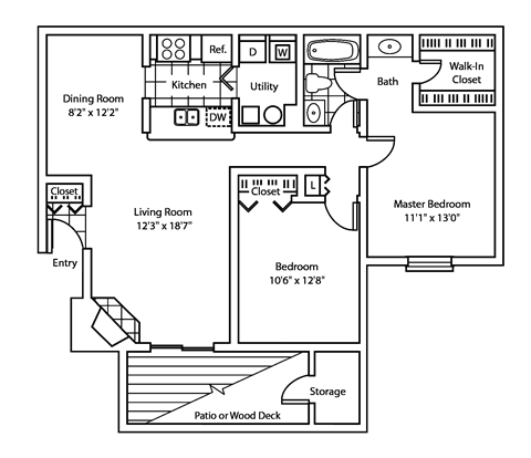 Floor plan for 2 beds, 1 bath, 950 sqft