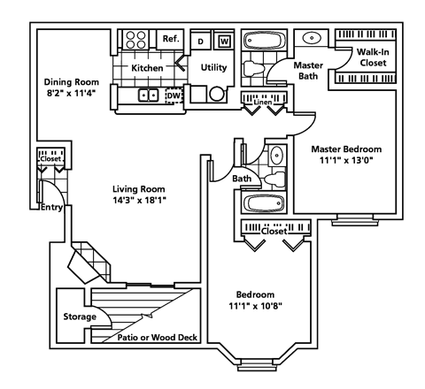 Floor plan for 2 beds, 2 baths, 1050 sqft