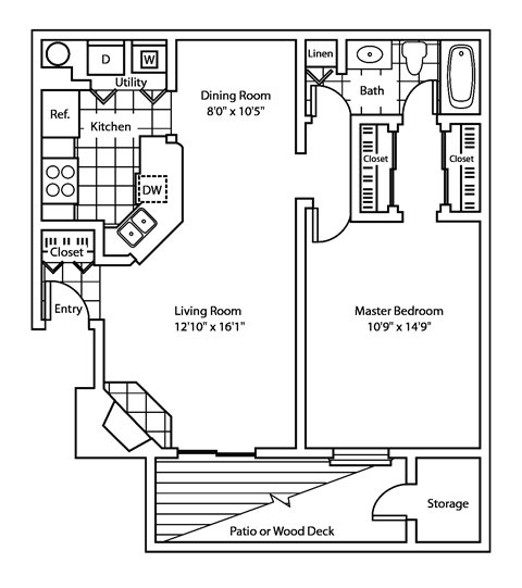 Floor plan for 1 bed, 1 bath, 780 sqft
