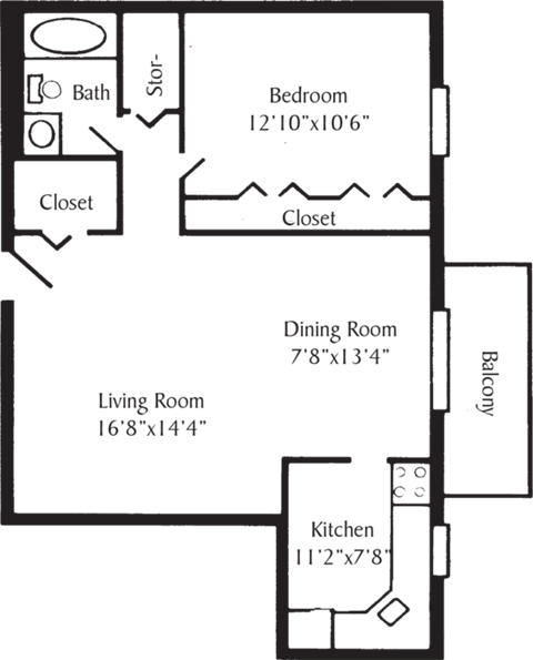 Floor plan for 1 bed, 1 bath, 825 sqft