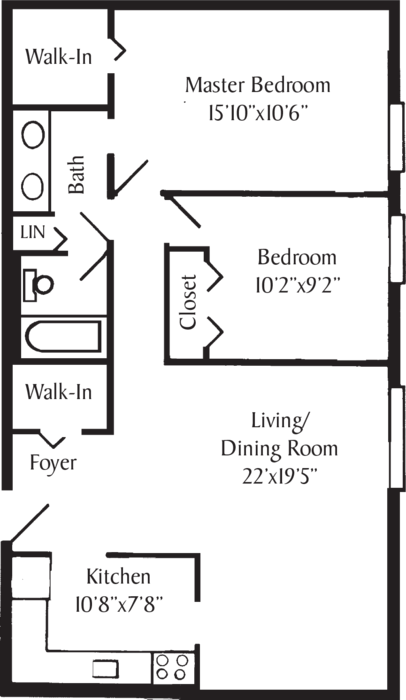 Floor plan for 2 beds, 1.5 baths, 858 sqft