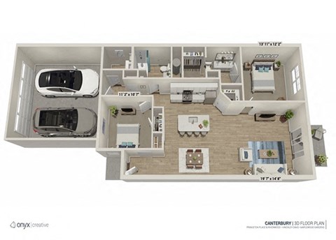 Floor plan for 2 beds, 2 baths, 1293 sqft