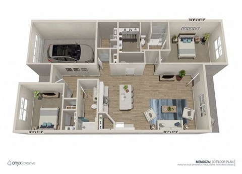 Floor plan for 2 beds, 2 baths, 1366 sqft