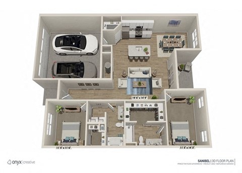 Floor plan for 2 beds, 2 baths, 1374 sqft
