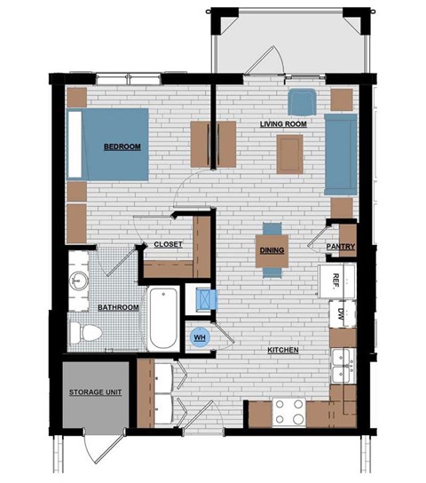 Floor plan for 1 bed, 1 bath, 604 sqft