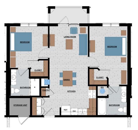 Floor plan for 2 beds, 2 baths, 926 sqft