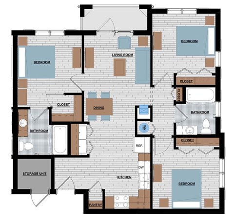 Floor plan for 3 beds, 2 baths, 1050 sqft