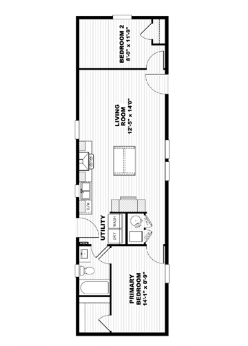 Flagstaff apartment for rent - A floor plan of a room with a bedroom, living room, and utility space.