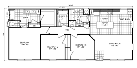 Floor plan for 3 beds, 2 baths, 1365 sqft