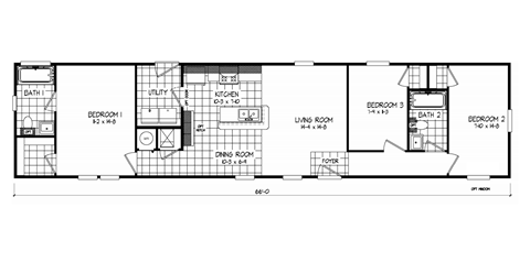 Floor plan for 3 beds, 2 baths, 1056 sqft