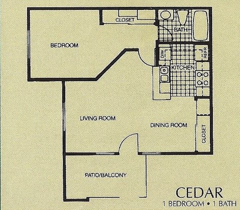 Floor plan for 1 bed, 1 bath, 597 sqft
