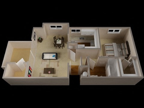 Floor plan for 1 bed, 1 bath, 640 sqft