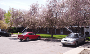 Lakewood apartment for rent - a red car parked in a parking lot in front of a brick building