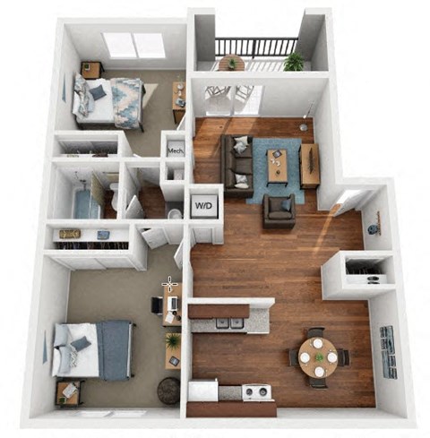 Floor plan for 2 beds, 1 bath, 890 sqft