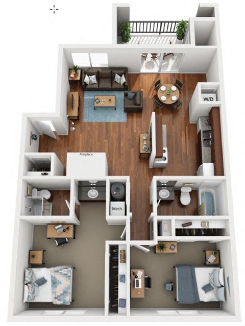 Floor plan for 2 beds, 2 baths, 1000 sqft