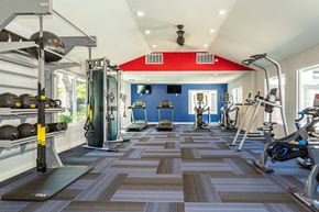 Fresno apartment for rent - a home gym with weights and cardio equipment and a red roof