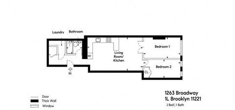 Floor plan for 2 beds, 1 bath, 800 sqft