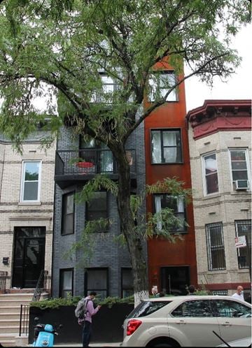 Brooklyn apartment for rent - A tree in front of a building with a person standing underneath it.