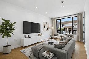 Brooklyn apartment for rent - A living room with a grey couch, a television, and a potted plant.