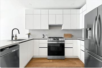 Brooklyn apartment for rent - A modern kitchen with white cabinets and stainless steel appliances.