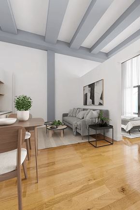 Brooklyn apartment for rent - A living room with a grey couch, a wooden table, and a plant on it.