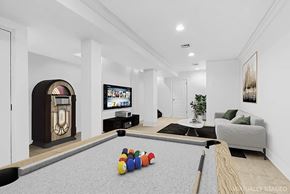 Brooklyn apartment for rent - A pool table with a billiard ball on it in a room with a TV and a plant.