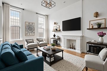 Brooklyn apartment for rent - A living room with a blue couch and a fireplace.