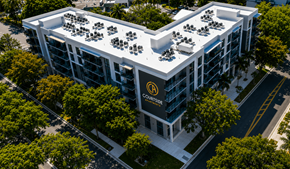 Miami apartment for rent - A large building with a green logo on the front.