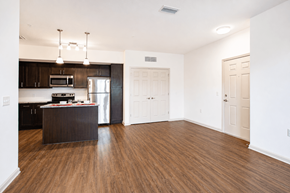 Spring Hill apartment for rent - A kitchen with dark wood cabinets and a white refrigerator.