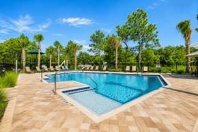 Spring Hill apartment for rent - A swimming pool surrounded by palm trees and a clear blue sky.