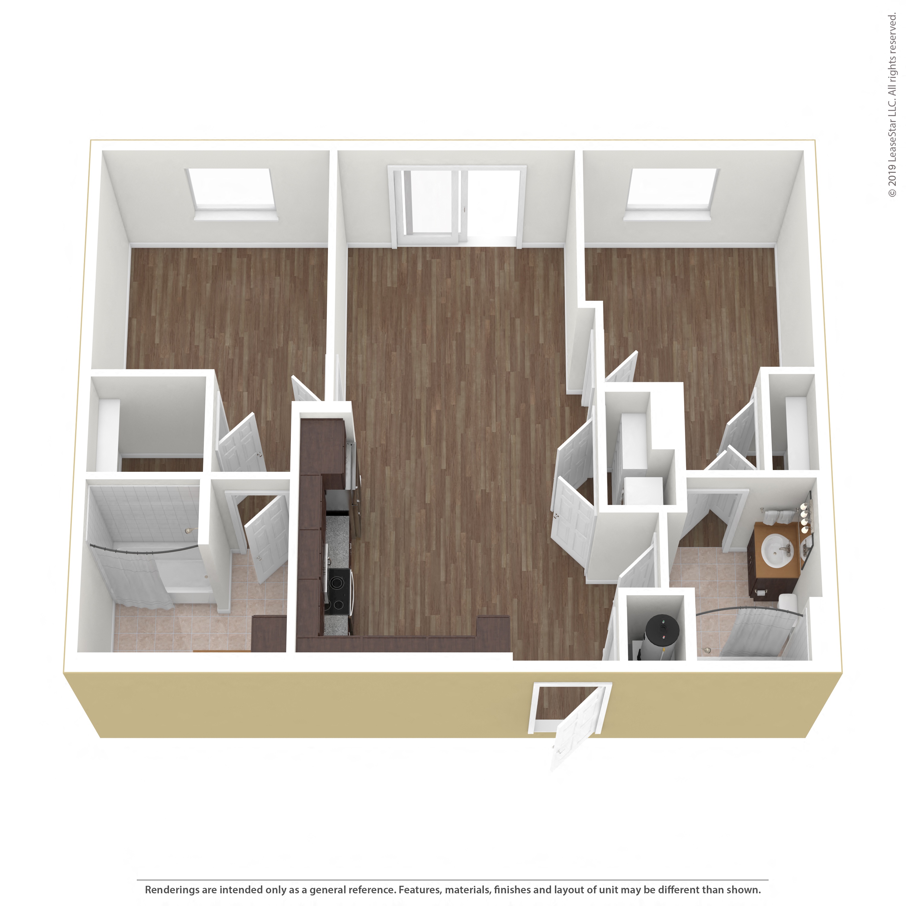 Floor plan for 2 beds, 2 baths, 837 sqft