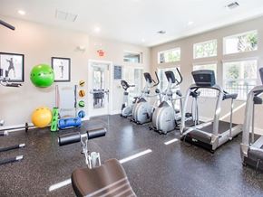 Spring Hill apartment for rent - A gym with a variety of equipment including treadmills, exercise balls, and weights.