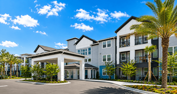 Holly Hill apartment for rent - A large building with a white entrance and a palm tree in front.
