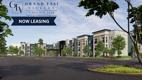 Orlando apartment for rent - A rendering of a modern apartment complex with the text "Grand East Village" and "Now Leasing" prominently displayed.